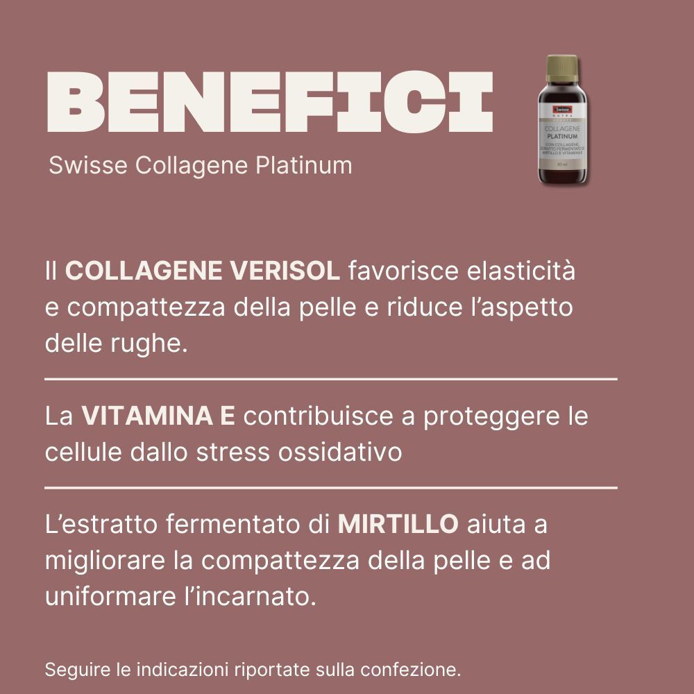 Testo: Benefici di Swisse Collagene Platinum. Contiene Collagene Verisol, vitamina E ed estratto di mirtillo.