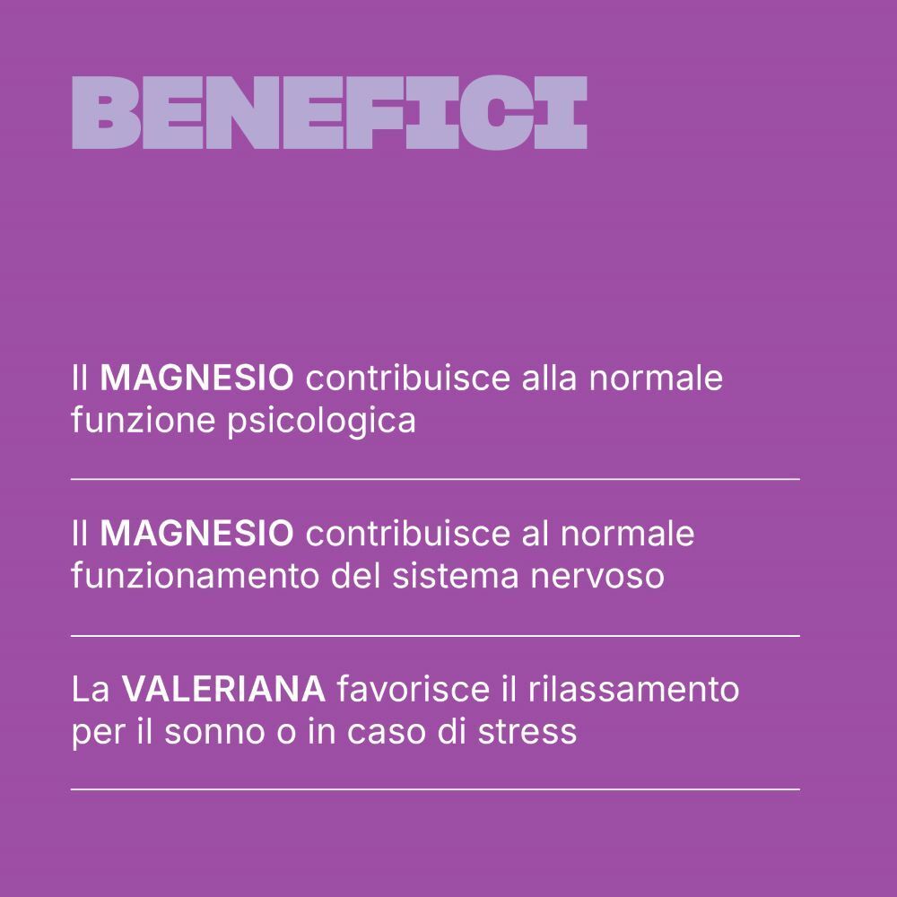 Testo su sfondo viola: Il magnesio contribuisce alla funzione psicologica e al sistema nervoso. Valeriana per il sonno.