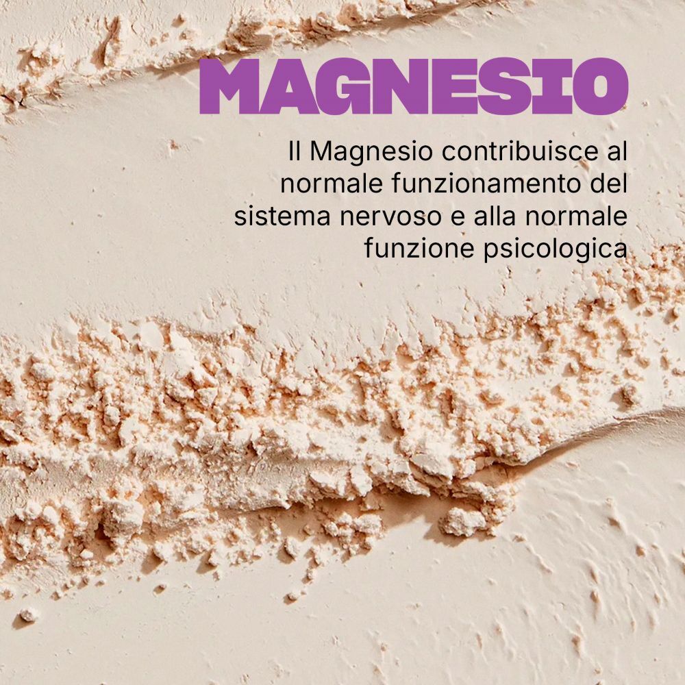 Testo su sfondo beige: Il magnesio contribuisce al normale funzionamento del sistema nervoso e alla funzione psicologica.