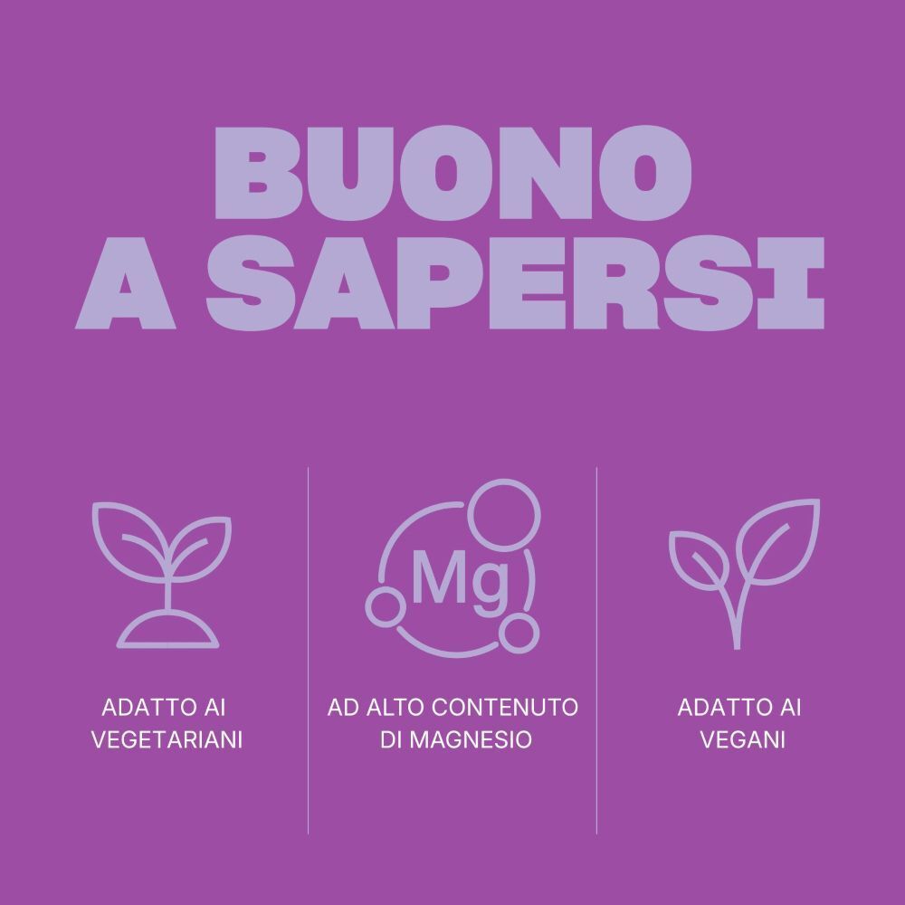 Tre simboli su sfondo viola: Per vegetariani, ad alto contenuto di magnesio, per vegani.