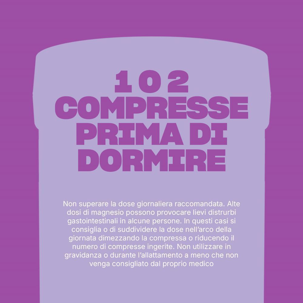Testo su sfondo viola: 102 compresse prima di dormire. Istruzioni su dosaggio e utilizzo.