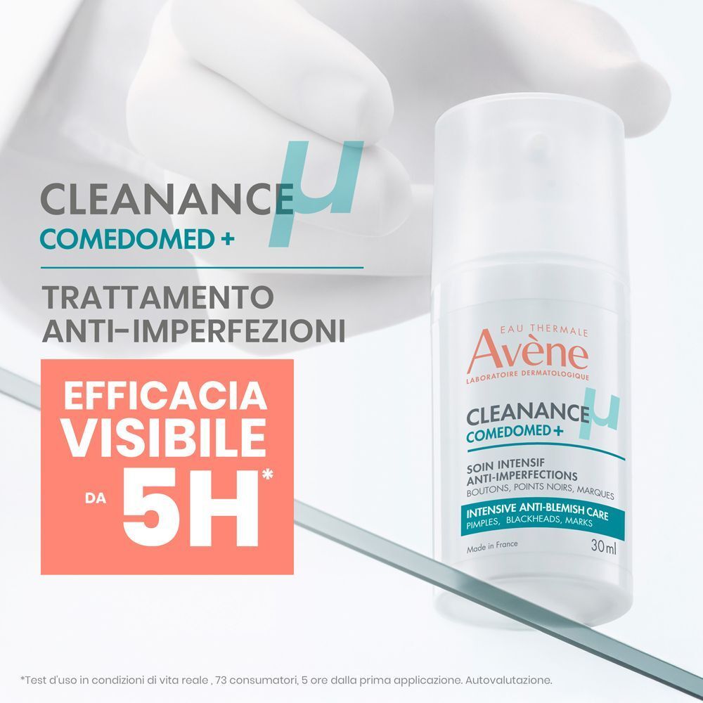 Flacone Eau Thermale Avène Cleanance Comedomed+. Testo: Anti-imperfezioni. Efficacia visibile da 5H.