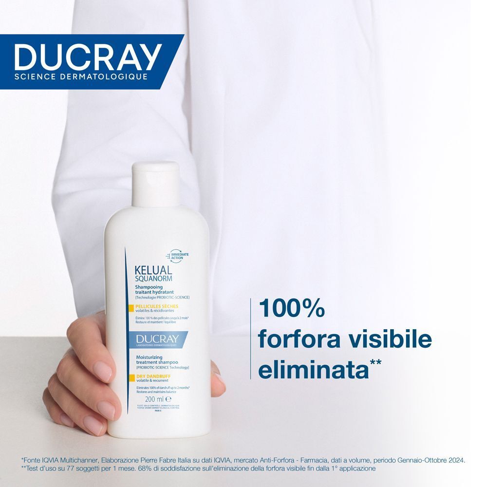 Un flacone bianco di shampoo. Scritta: KELUAL SQUANORM, Ducray. 100% forfora eliminata.