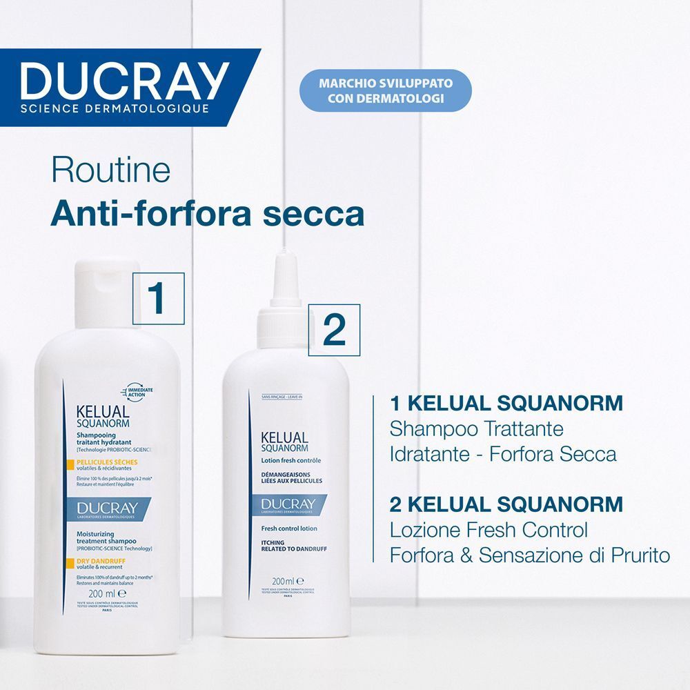 Due flaconi di shampoo. Scritta: KELUAL SQUANORM, Ducray. Routine anti-forfora. 1 shampoo, 1 lozione.