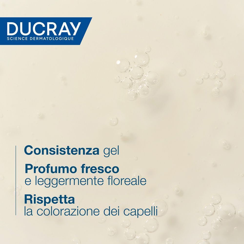 Sostanza gelatinosa con bolle. Testo: Consistenza gel, profumo fresco, rispetta la colorazione dei capelli.
