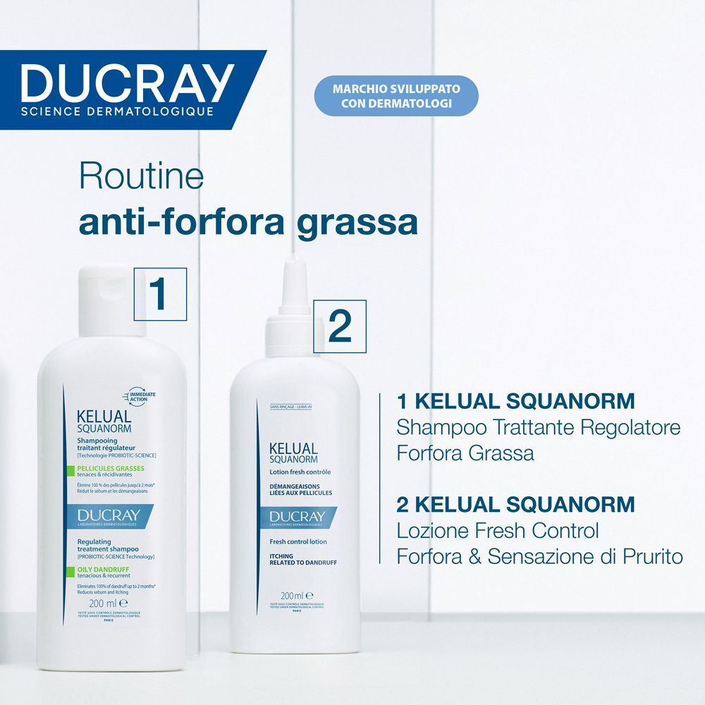 Due flaconi di shampoo. Scritta: KELUAL SQUANORM, Shampoo Trattante Regolatore, Forfora Grassa. 200 ml.