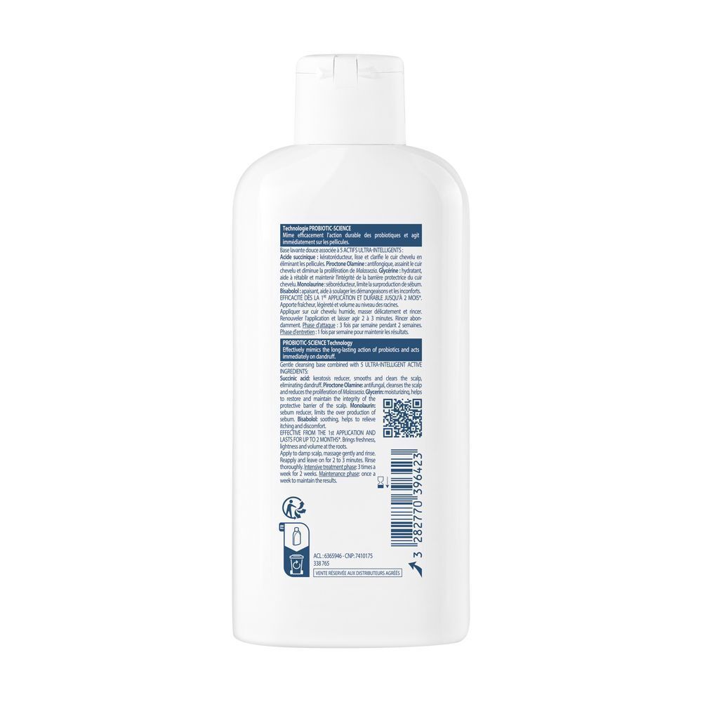 Retro di un flacone di shampoo bianco. Testo e codice QR. Informazioni sull'uso e sugli ingredienti.