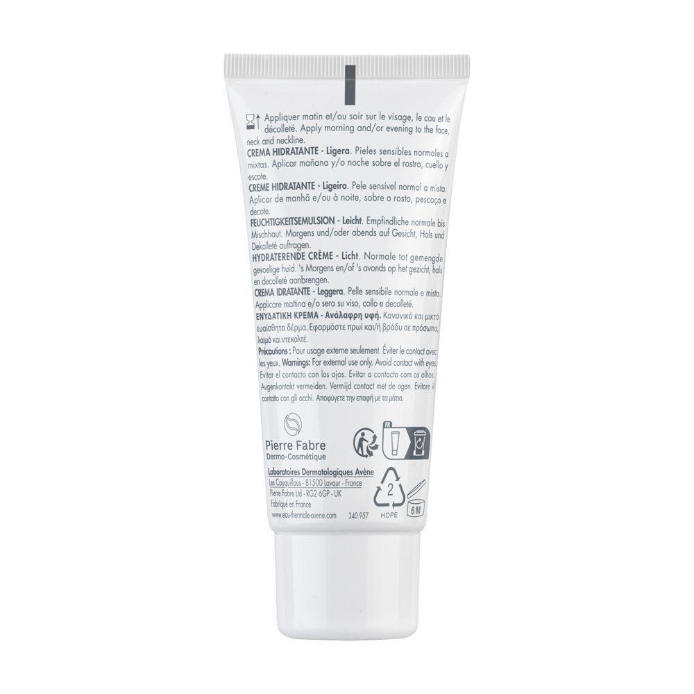 Retro del tubo di crema Avène Hydrance Light. Testo multilingue, bianco.