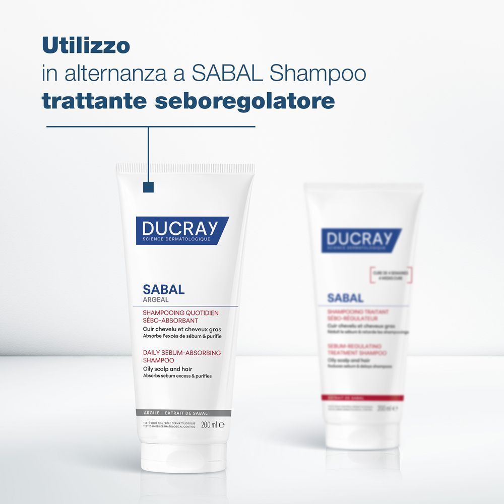 Due tubi di shampoo. Testo: Utilizzo in alternanza con SABAL Shampoo trattante sebo-regolatore.