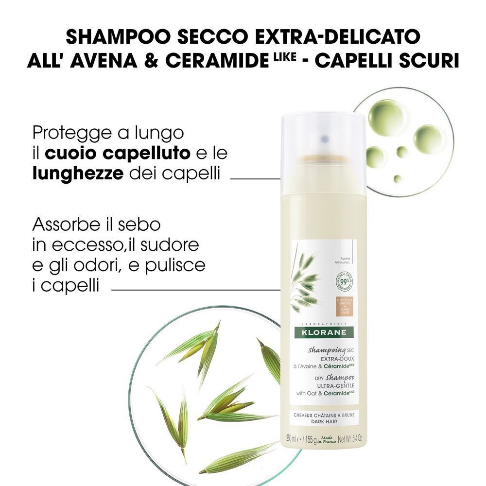 Flacone di shampoo secco Klorane. Testo: Shampoo Secco Extra-Delicato all'Avena & Ceramide. Descrizione dei benefici.