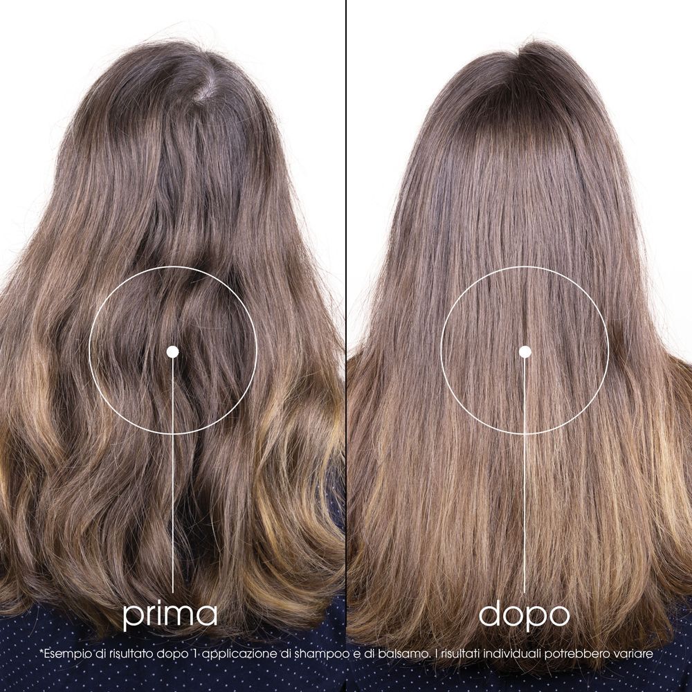 Confronto prima-dopo dei capelli. Sinistra: capelli scuri. Destra: capelli più chiari. Testo: prima/dopo.