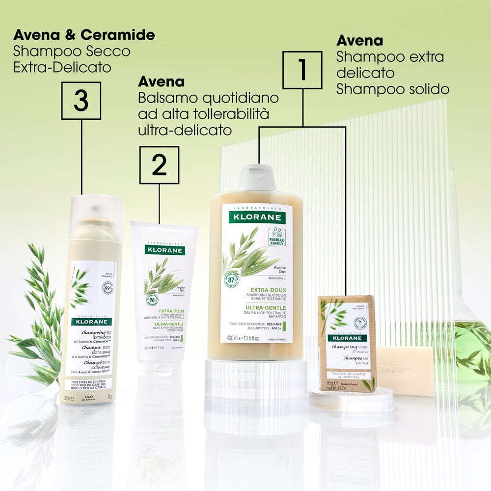 Diversi prodotti Klorane. Shampoo secco, balsamo, shampoo. Testo: Avena & Ceramide, Avena.