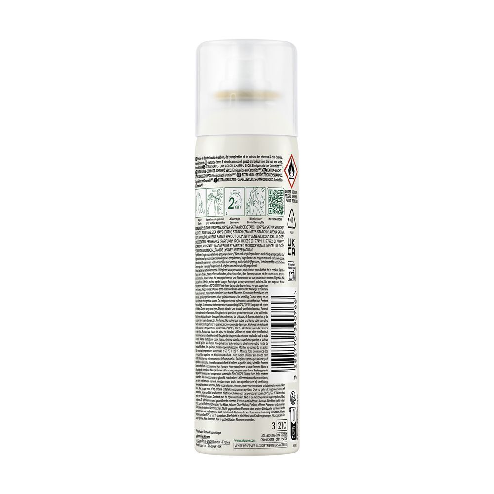 Retro di un flacone di shampoo secco. Testo e informazioni sull'uso e gli ingredienti.