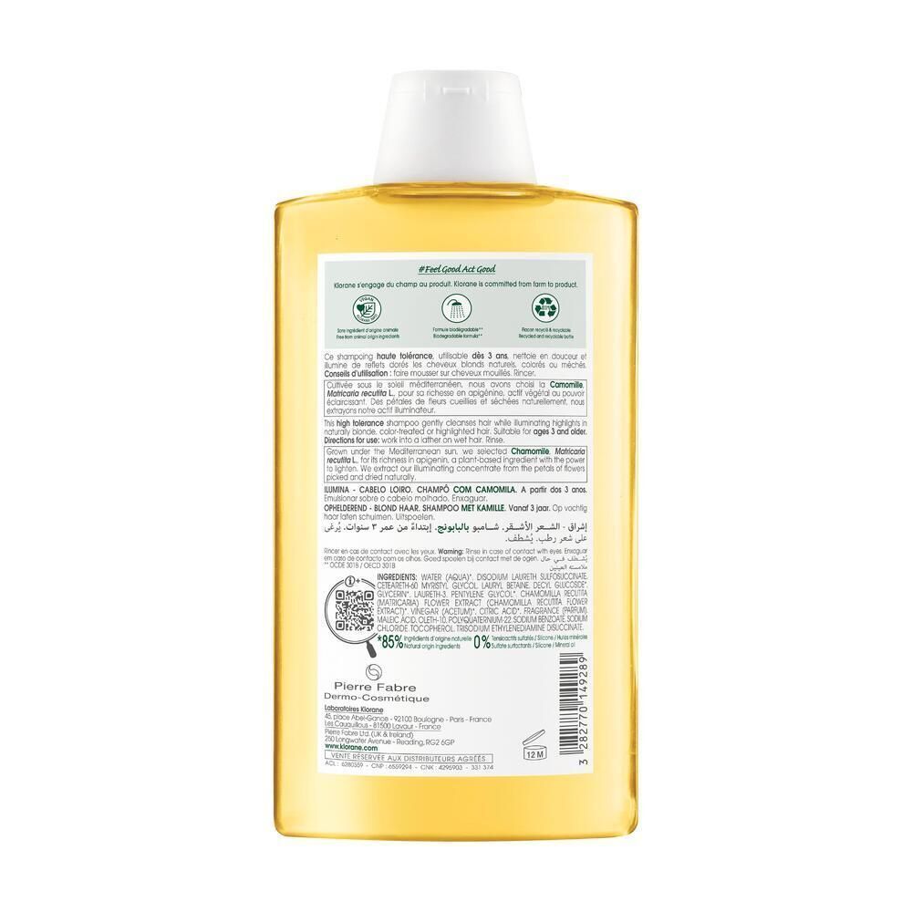 Retro di un flacone di shampoo. Testo e codice QR su sfondo giallo. Informazioni sul prodotto.