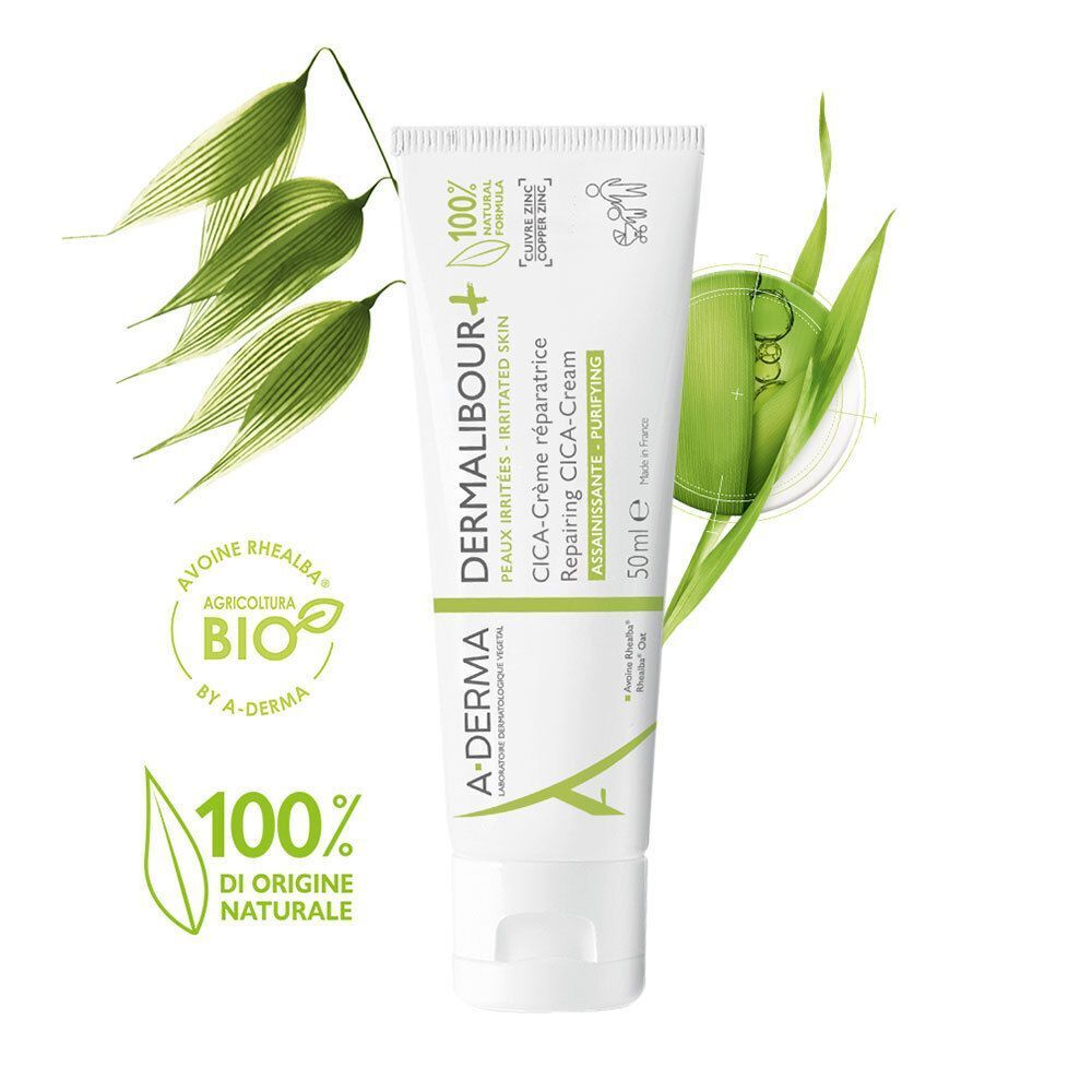Tubo di A-Derma Dermalibour+ Cica-Crema. Tubo bianco con scritte verdi. Contiene zinco e rame. 50ml. Certificazione bio.