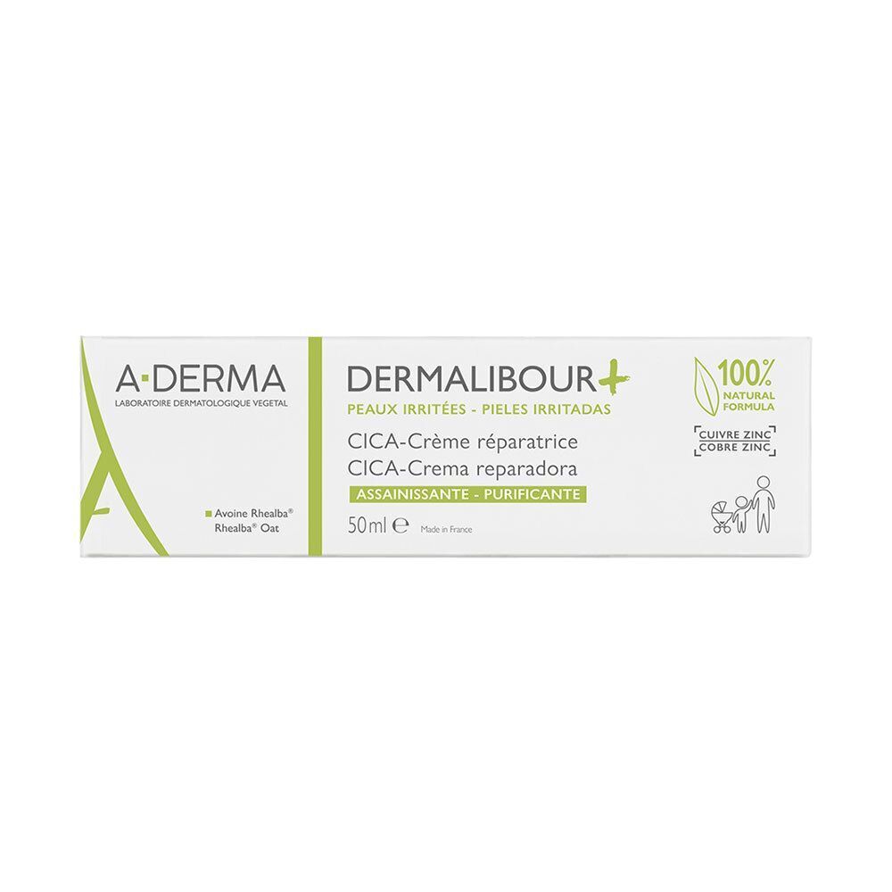 Confezione di A-Derma Dermalibour+ Cica-Crema. Scatola bianca con scritte verdi. Contiene zinco e rame. 50ml.