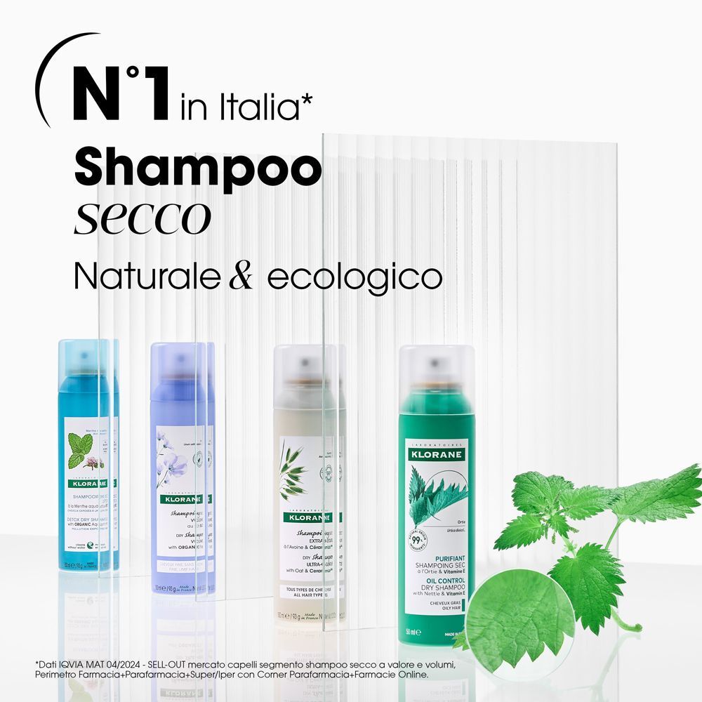Quattro flaconi spray. Scritta: Klorane, Shampoo secco. Formula naturale ed ecologica. N°1 in Italia.