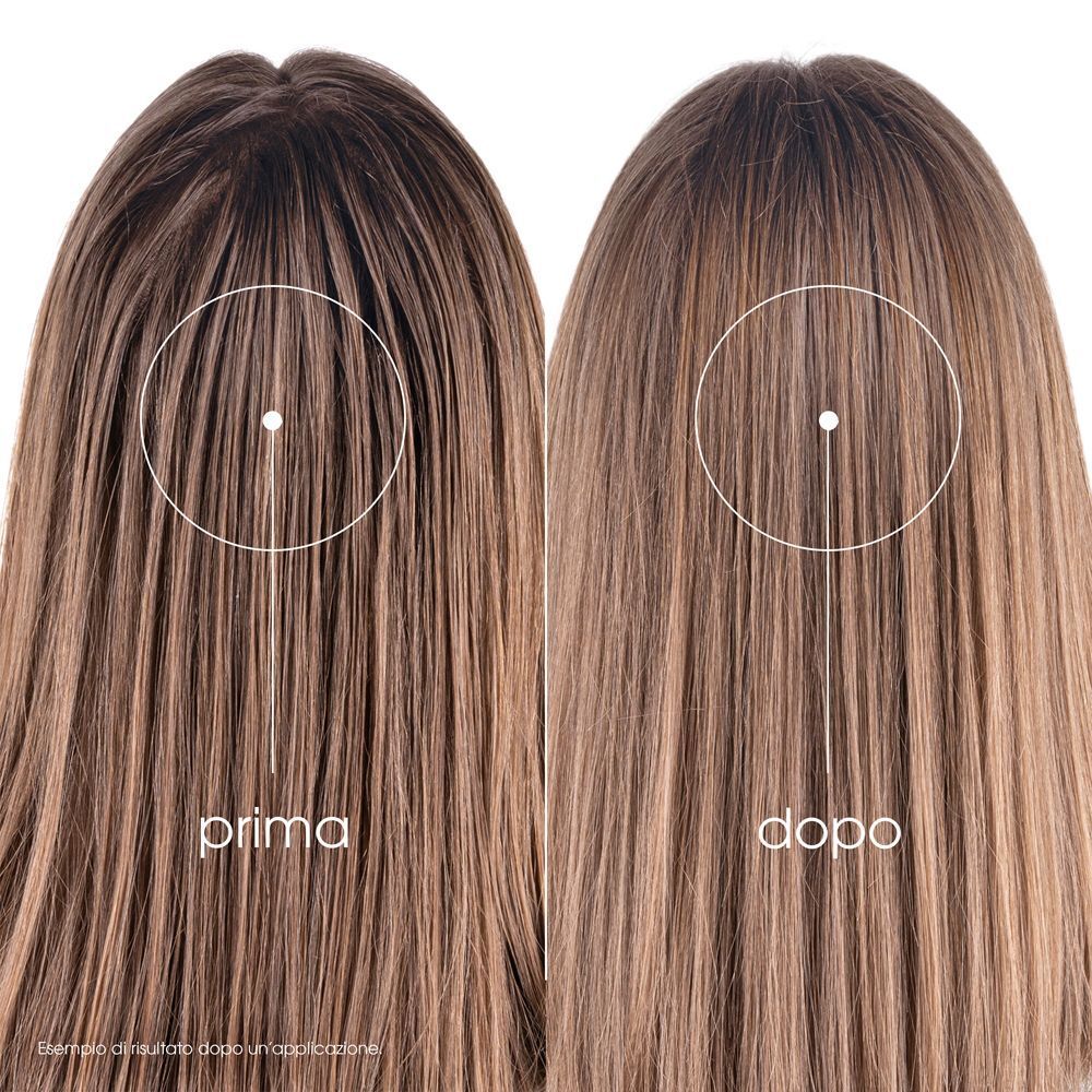 Ciocche di capelli prima e dopo. Scritta: prima e dopo. Esempio di risultato dopo un'applicazione.