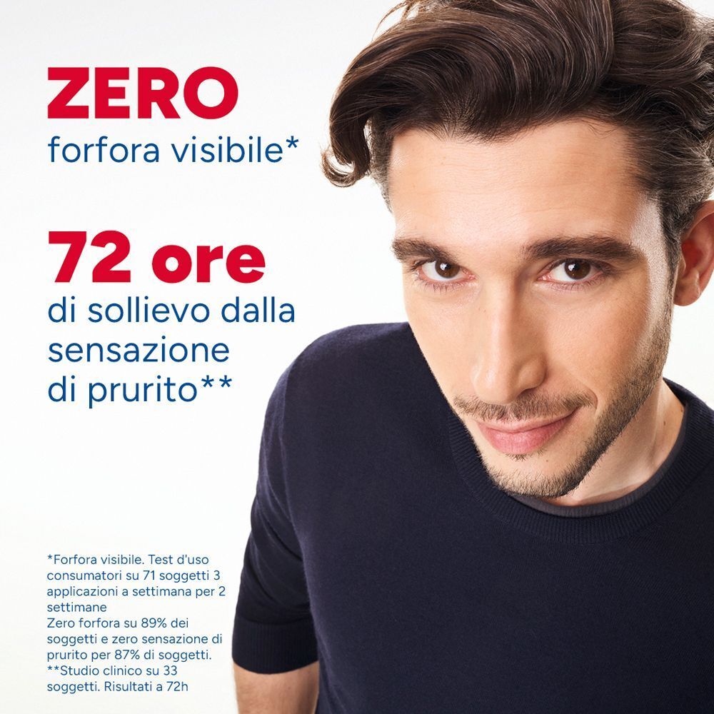 Un uomo con la barba. Testo: ZERO forfora visibile. 72 ore di sollievo dalla sensazione di prurito.