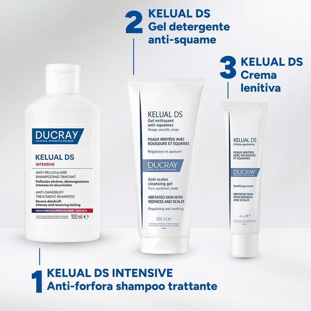 Tre prodotti: shampoo DUCRAY KELUAL DS INTENSIVE, gel, crema. Testo: Anti-forfora, contro arrossamenti.
