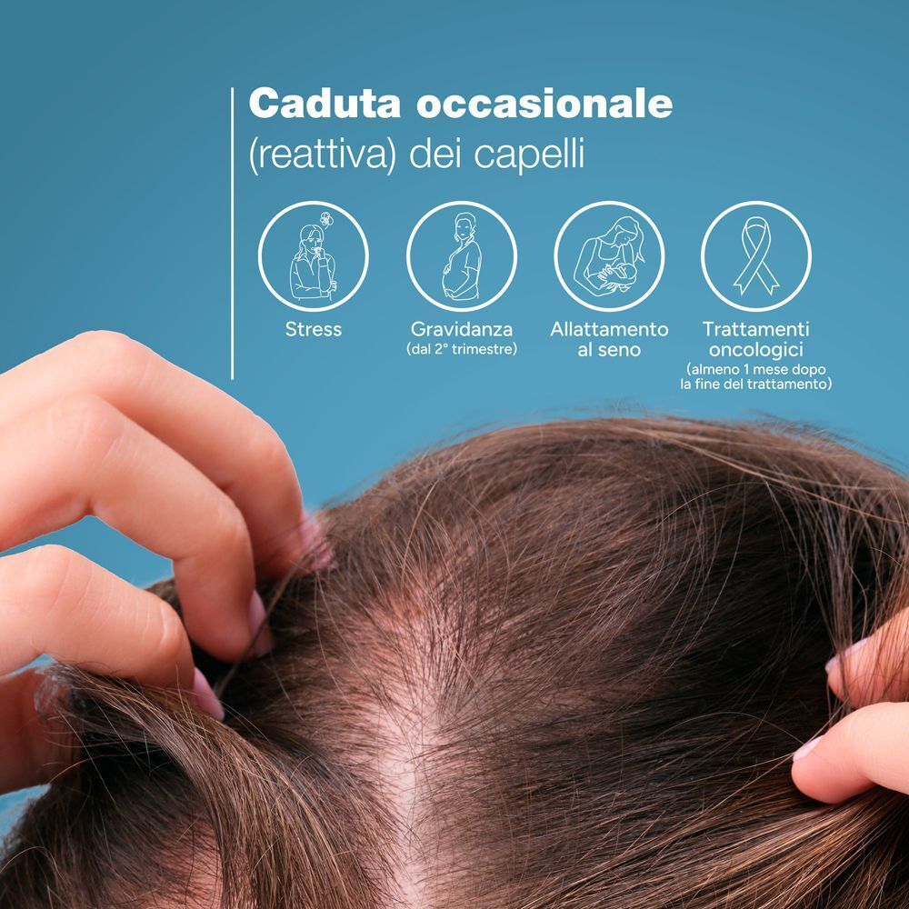 Primo piano del cuoio capelluto e dei capelli. Quattro icone mostrano le cause della caduta dei capelli: stress, gravidanza, allattamento, trattamenti oncologici.