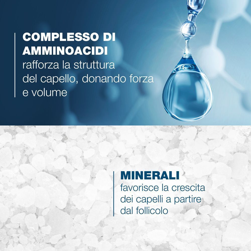 Primo piano di aminoacidi e minerali. Testo: Il complesso di aminoacidi rafforza la struttura dei capelli. I minerali favoriscono la crescita dei capelli.