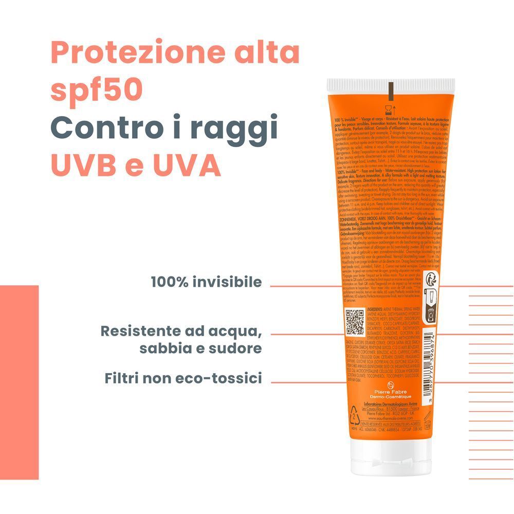 Retro di un tubo di crema solare. Testo: Protezione alta SPF50, Contro i raggi UVB e UVA. 100% invisibile. Resistente all'acqua.