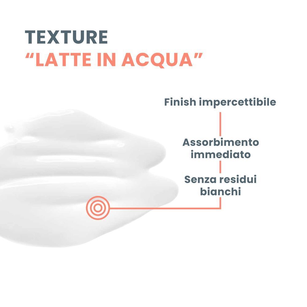 Primo piano di crema bianca. Testo: Latte in acqua, Finish impercettibile, Assorbimento immediato, Senza residui bianchi.