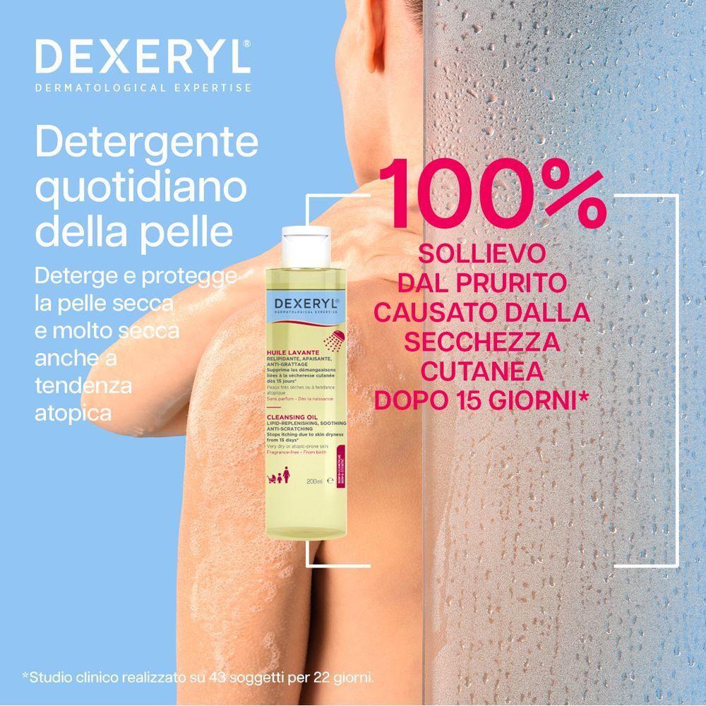 Uomo sotto la doccia. Flacone Dexeryl Olio Lavante. Testo: Detergente quotidiano della pelle. 100% sollievo dopo 15 giorni.