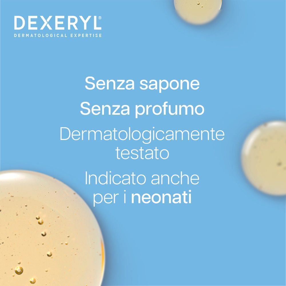 Primo piano di gocce di liquido. Testo: Senza sapone, Senza profumo. Dermatologicamente testato. Indicato anche per i neonati.