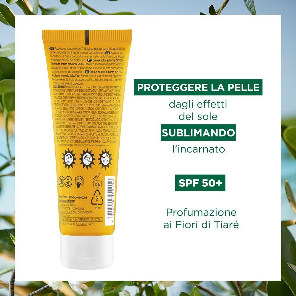 Tubo giallo con tappo bianco. Retro con testo. Testo: Proteggere la pelle dal sole. SPF 50+. Profumo ai fiori di Tiaré.