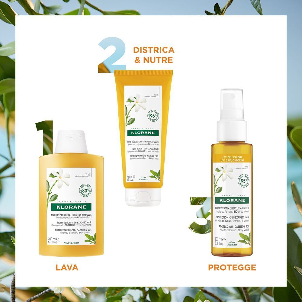 Tre prodotti: shampoo, balsamo e spray. Scritta: Klorane. Prodotti per capelli. Motivo floreale e foglie. Confezioni gialle.