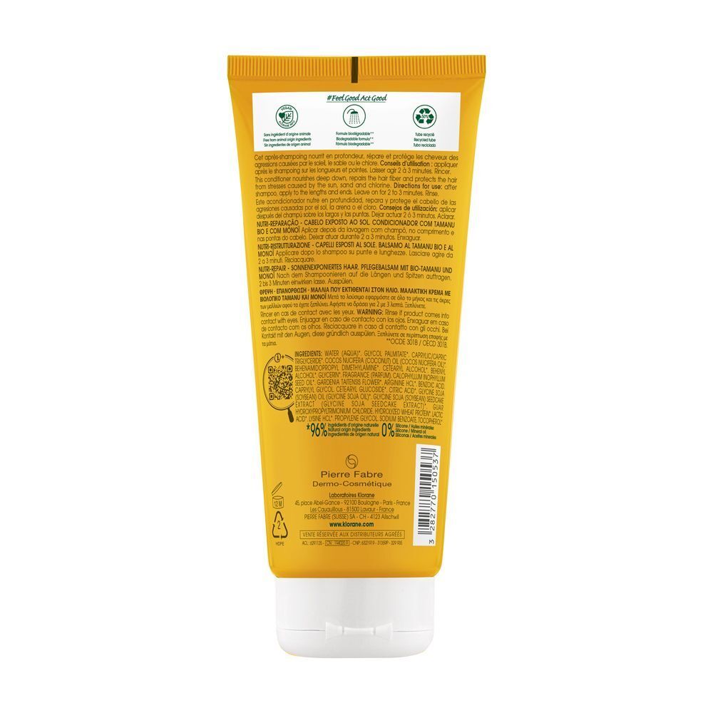 Tubo giallo con tappo bianco. Retro con testo. Testo: Informazioni sul prodotto e ingredienti. Con logo e certificazioni.