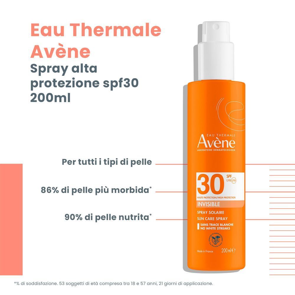 Flacone spray arancione. Scritta: Eau Thermale Avène, Spray alta protezione spf30, 200ml. Testo sulla pelle.