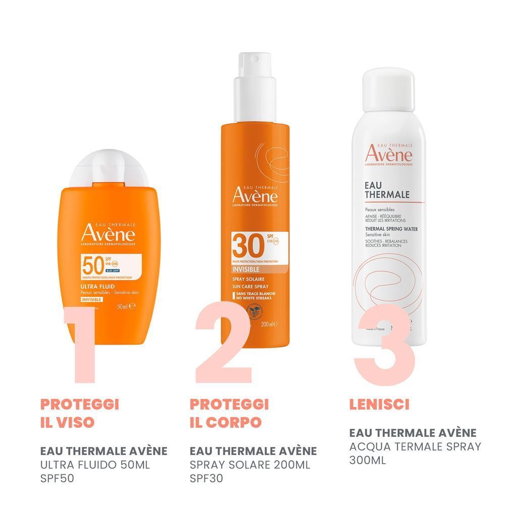 Tre flaconi. 1: Eau Thermale Avène Ultra Fluido SPF50. 2: Eau Thermale Avène Spray Solaire SPF30. 3: Eau Thermale Avène Acqua Termale.