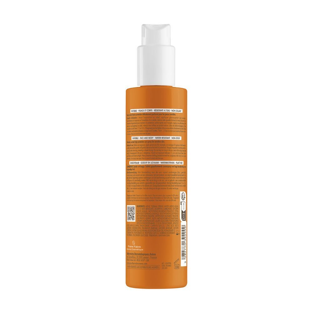 Retro di un flacone spray arancione. Testo con informazioni e codice QR.