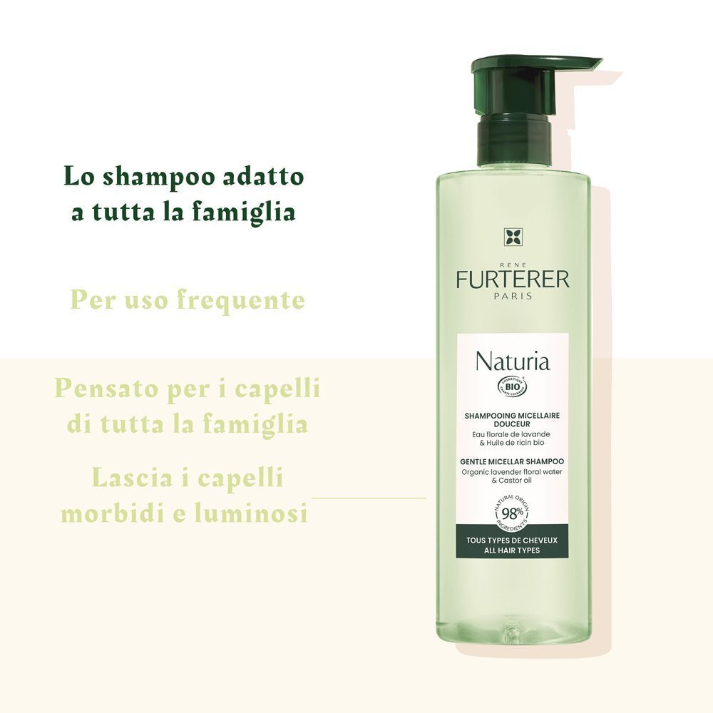 Flacone verde con dosatore. Testo: René Furterer Paris, Naturia, Shampooing Micellaire Douceur. Testo in italiano.