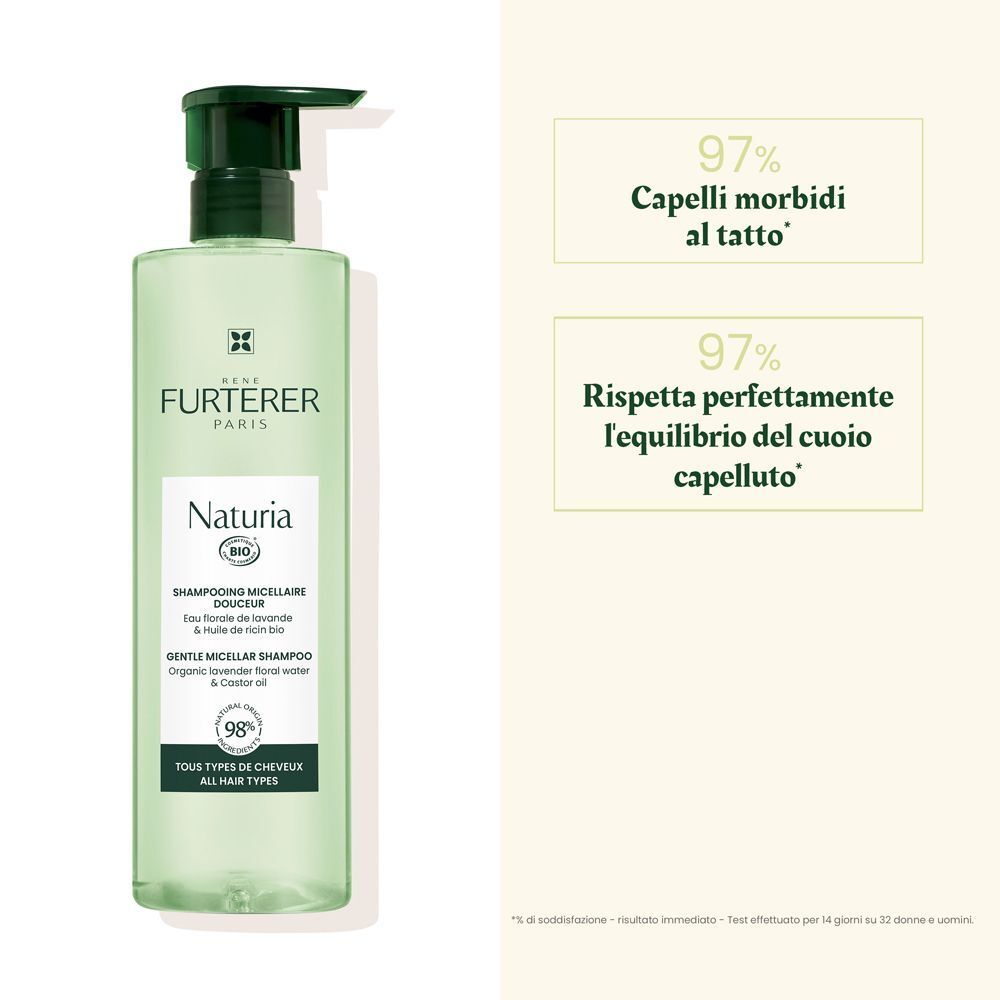Flacone verde con dosatore. Testo: René Furterer Paris, Naturia, Shampooing Micellaire Douceur. Testo in italiano.