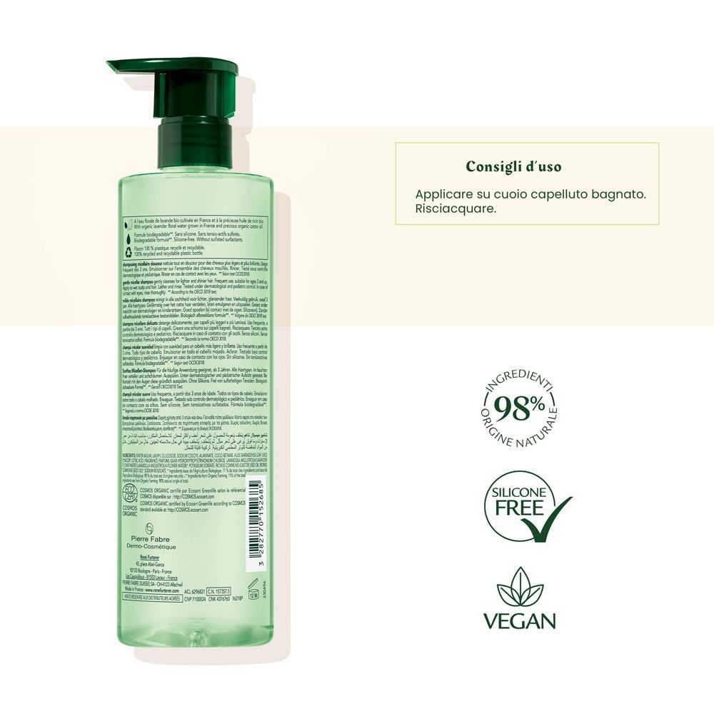 Retro di un flacone verde con dosatore. Testo e loghi. 98% ingredienti naturali, senza silicone, vegano.