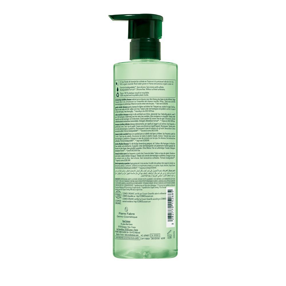 Retro di un flacone verde con dosatore. Testo e loghi. Informazioni del produttore.
