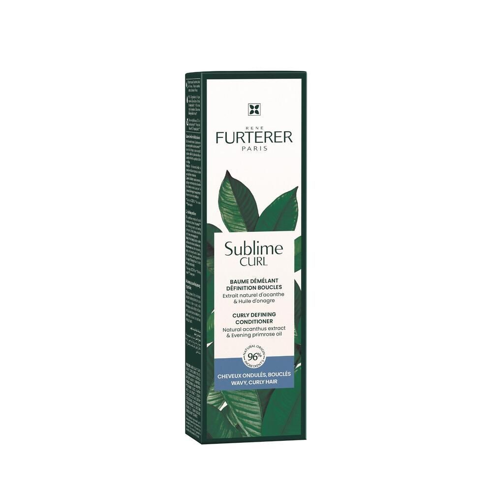 Scatola con foglie verdi. Scritta: Sublime Curl, Curl Defining Conditioner. Marchio: René Furterer.