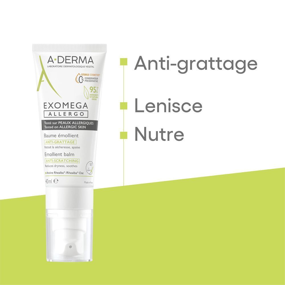 Tubo A-DERMA EXOMEGA ALLERGO. Anti-prurito, leviga, nutre. Sfondi verdi con testo.