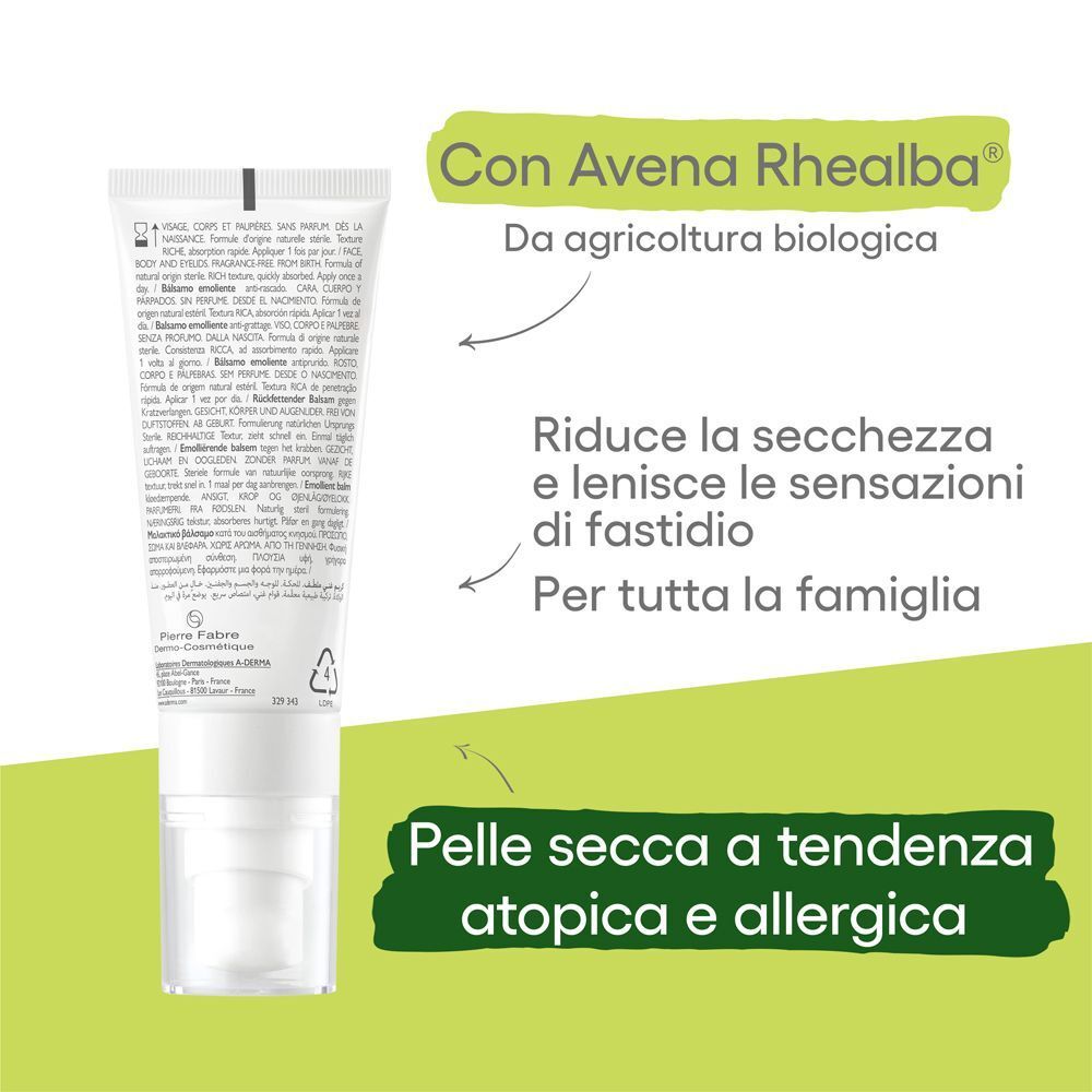 Retro del tubo A-DERMA EXOMEGA ALLERGO. Con Avena Rhealba. Per pelli secche e atopiche.