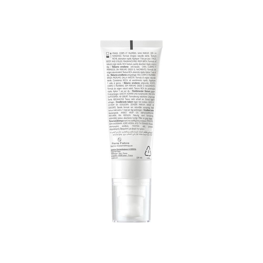 Retro del tubo A-DERMA EXOMEGA ALLERGO. Testo in più lingue.
