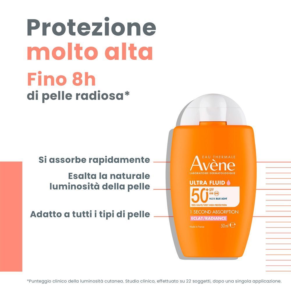 Flacone arancione con tappo bianco. Testo: Eau Thermale Avène Ultra Fluid SPF50+. Testo in italiano.