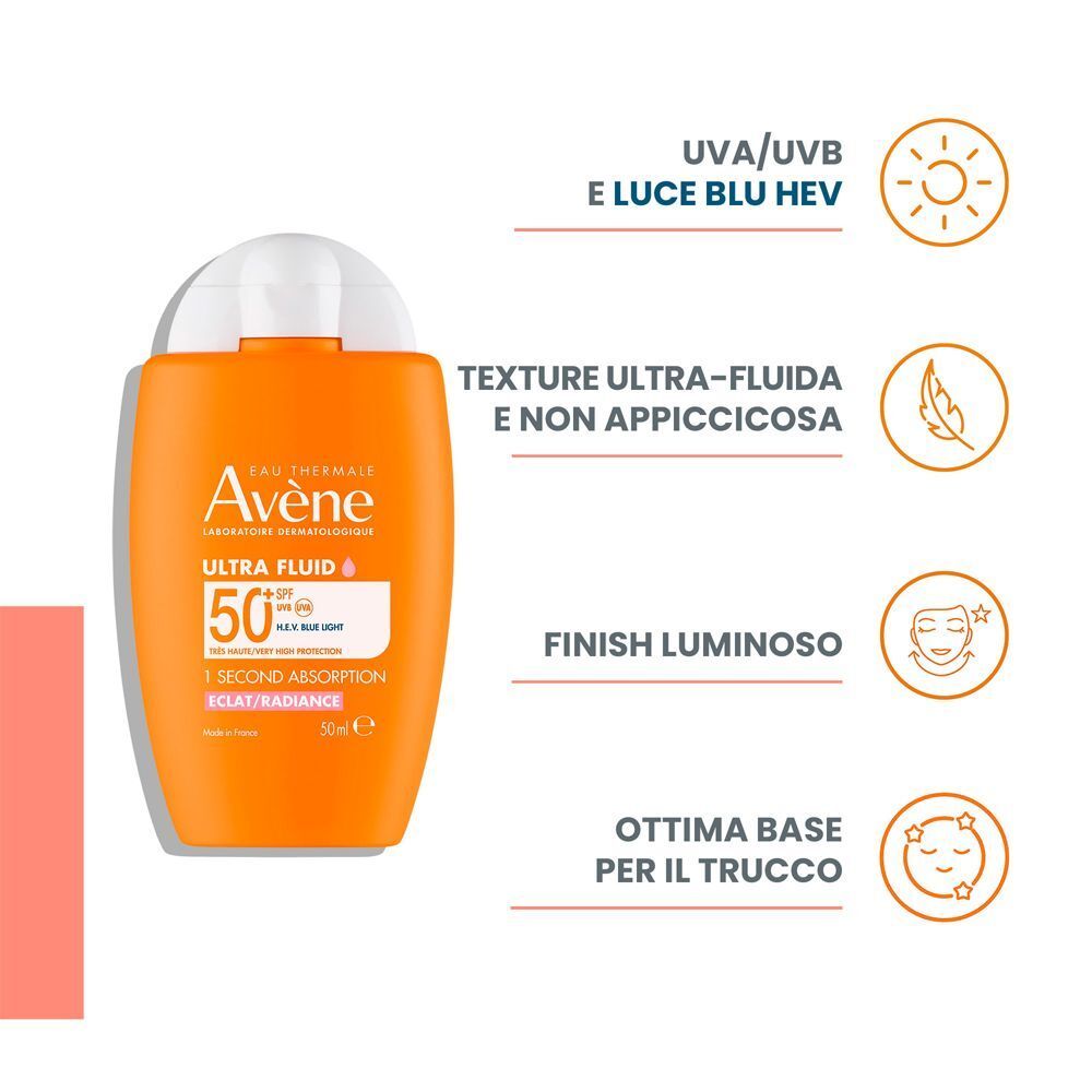 Flacone arancione con tappo bianco. Testo: Eau Thermale Avène Ultra Fluid SPF50+. Elementi grafici.