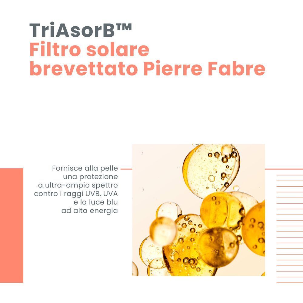 Testo: Filtro solare brevettato TriAsorB™ Pierre Fabre. Rappresentazione grafica di liquido.