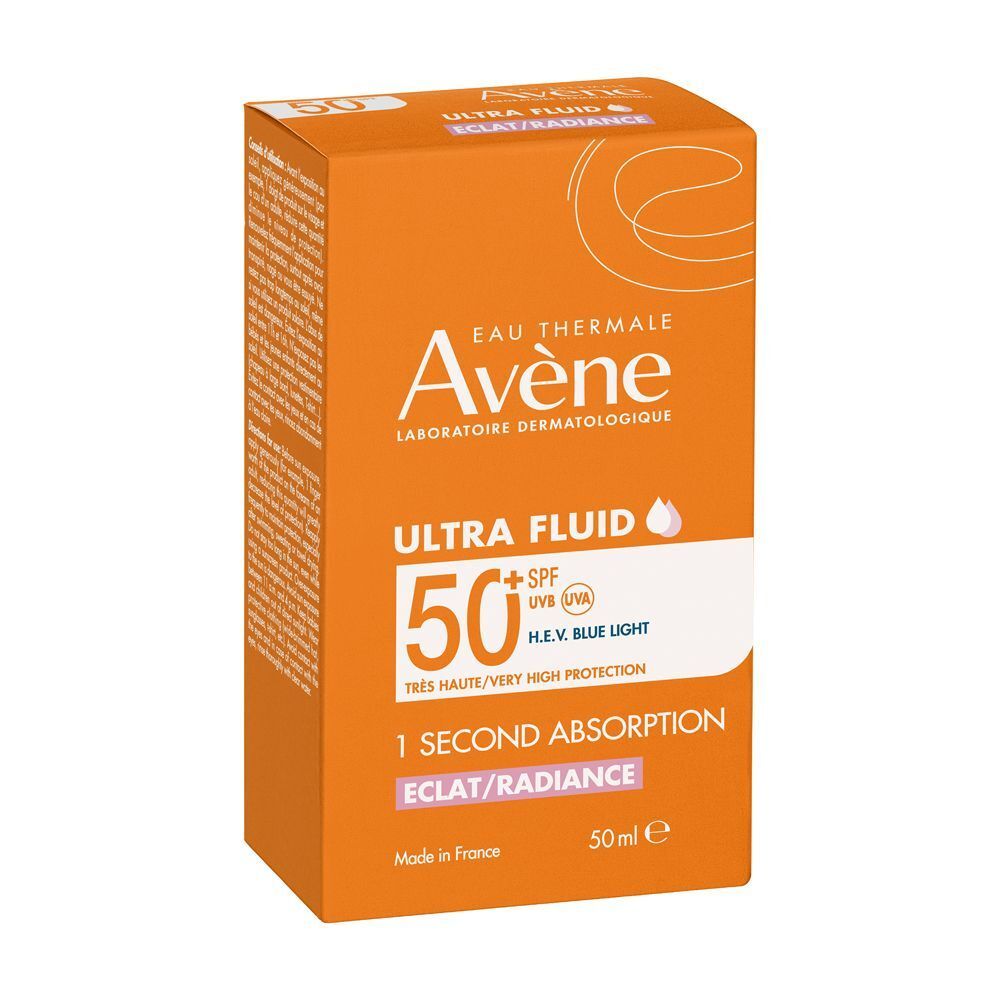 Confezione arancione. Scritta: Eau Thermale Avène Ultra Fluid SPF50+.