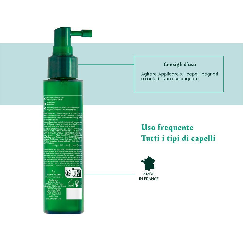 Flacone verde con applicatore spray. Testo: Consigli d'uso. Testo e logo. Made in France.