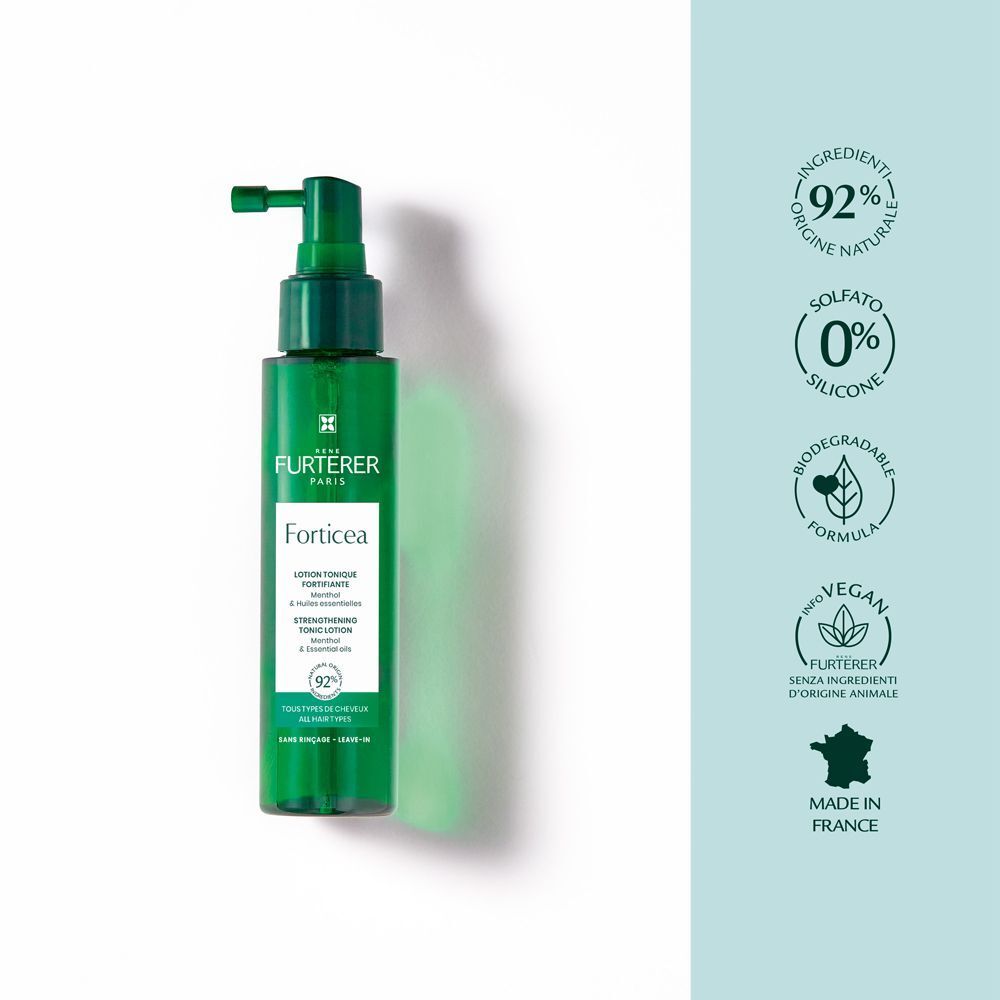 Flacone verde con applicatore spray. Testo: Forticea, Strengthening Tonic Lotion. Logo e testo. Vegano.